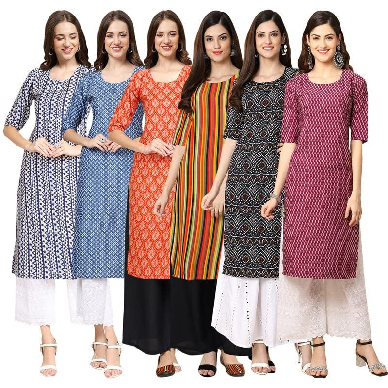 Pinkmint Women's Crepe Digital Print Straight Kurta [Pack Of 6] Multicolour