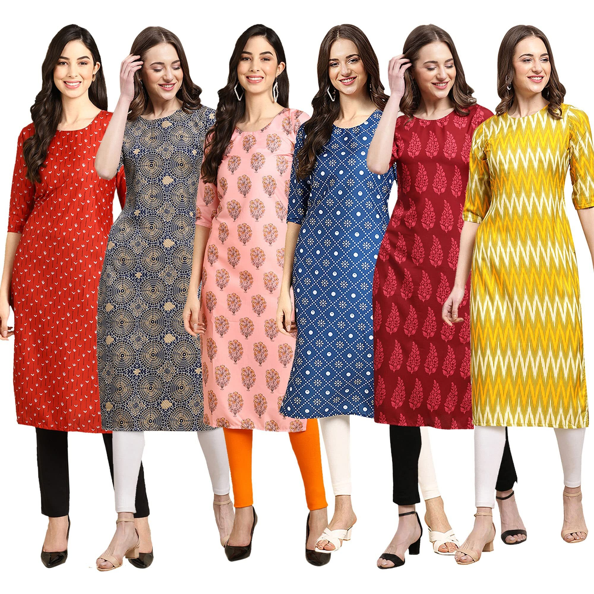 Pinkmint Women's Crepe Digital Print Straight Kurta Pack Of 6 Multicolour