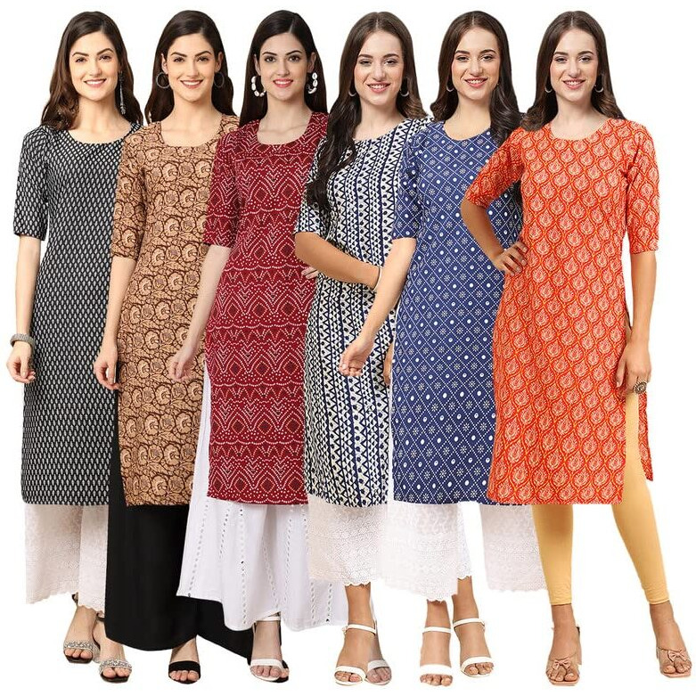 Pinkmint Women's Crepe Digital Print Straight Kurta [Pack Of 6](Nv-377-379-374-348-353-354-L)