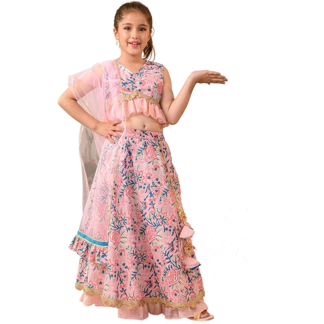 Pspeaches Girl's Cotton Readymade Lehenga Choli (L-Pinkbluejaal_Pink_3-4Y)