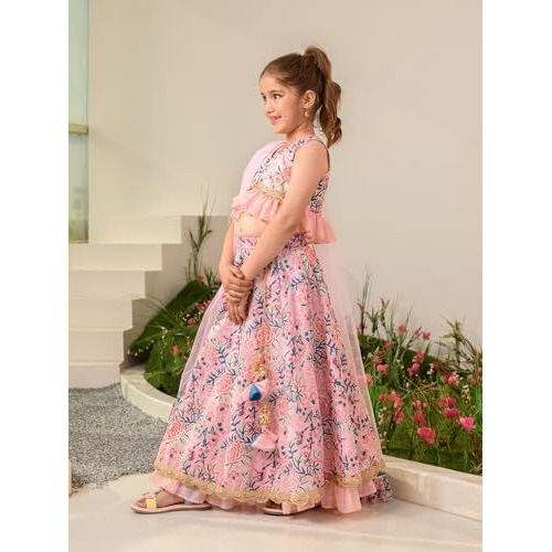 Pspeaches Girl's Cotton Readymade Lehenga Choli (L-Pinkbluejaal_Pink_3-4Y)