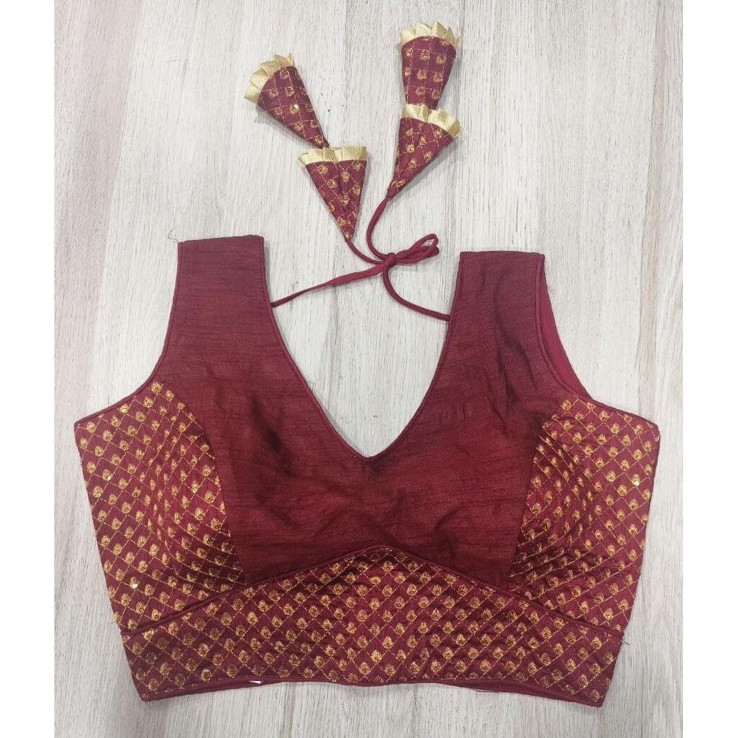 Pujia Mills Women's Readymade Heavy Mono Banglori Sleeveless Sabyasachi Pattern Embroidery With Sequence Work Maroon Color Saree Blouse For Lehenga Choli