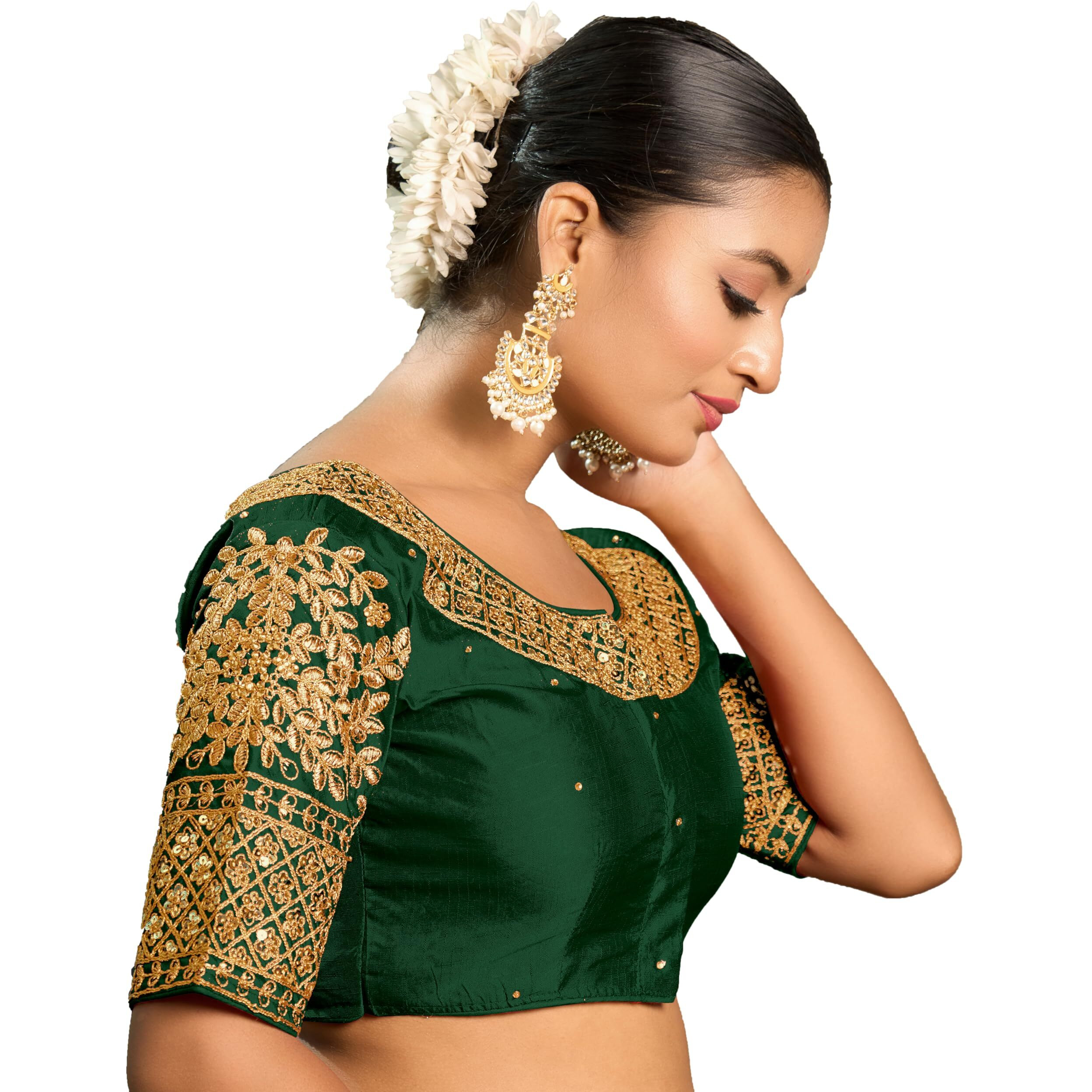 Pujia Mills Women's Heavy Embroidery Coding With Sequins Work Half Sleeves Fancy Readymade Saree Blouse (Green, 38)