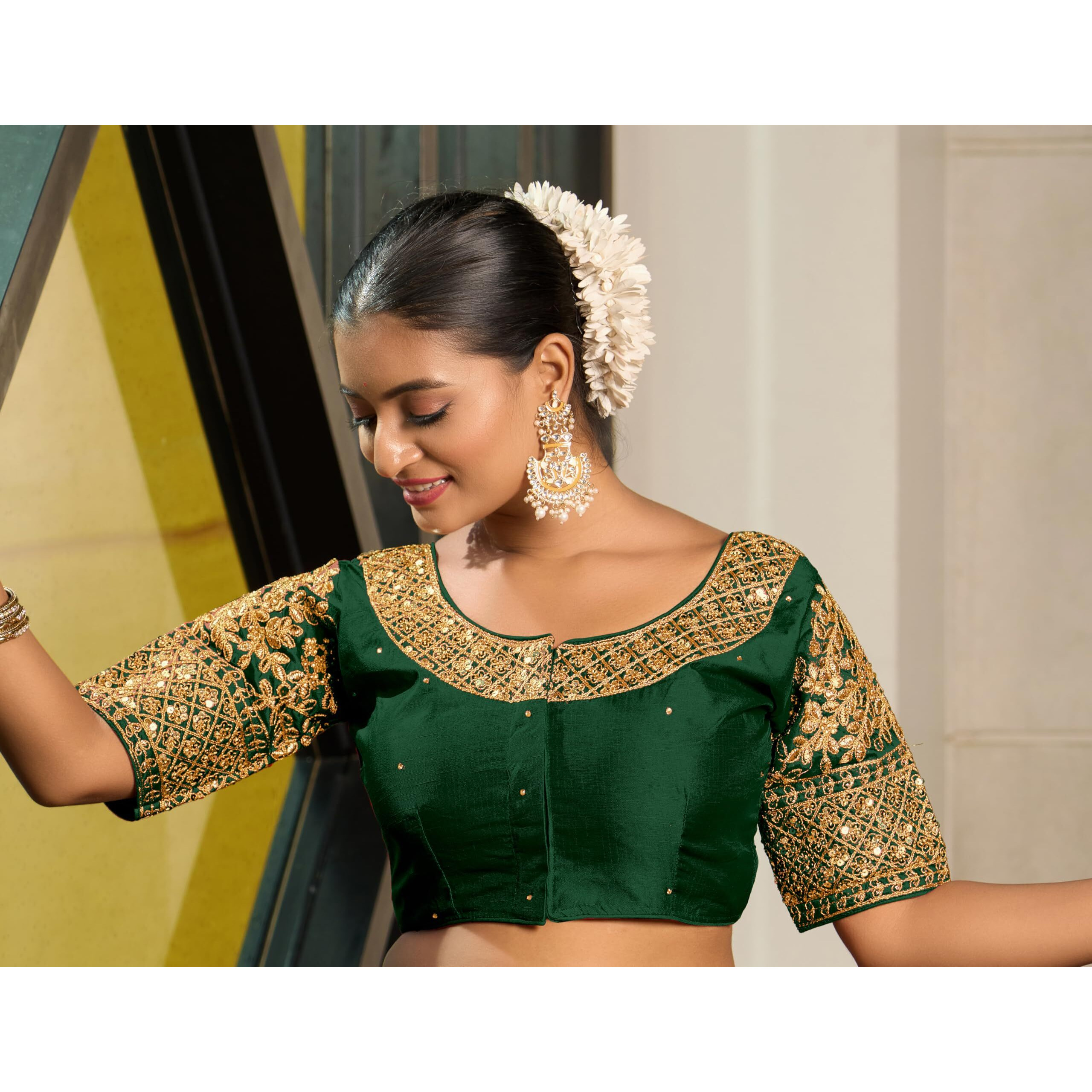 Pujia Mills Women's Heavy Embroidery Coding With Sequins Work Half Sleeves Fancy Readymade Saree Blouse (Green, 38)