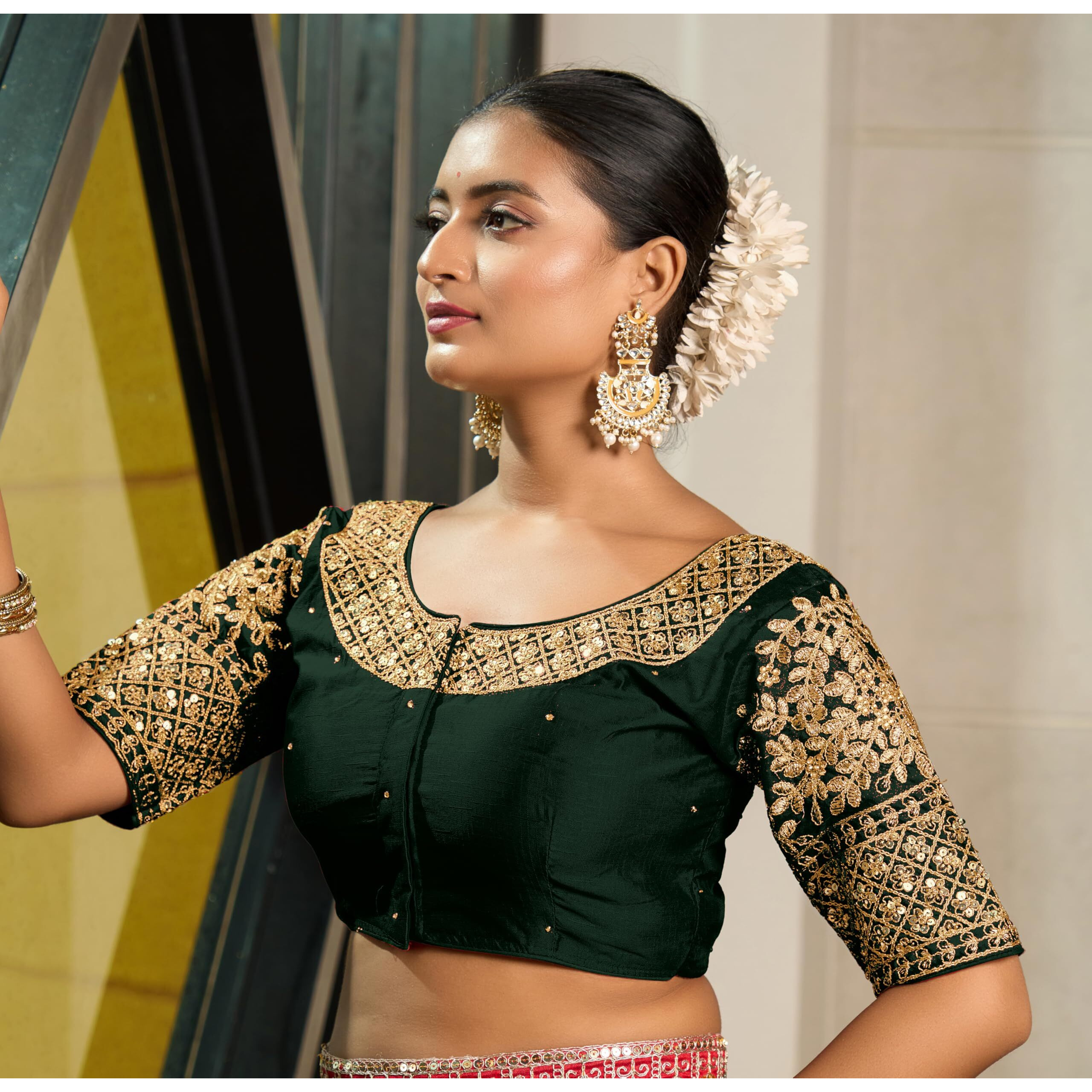Pujia Mills Women's Heavy Embroidery Coding With Sequins Work Half Sleeves Fancy Readymade Saree Blouse (Green, 38)
