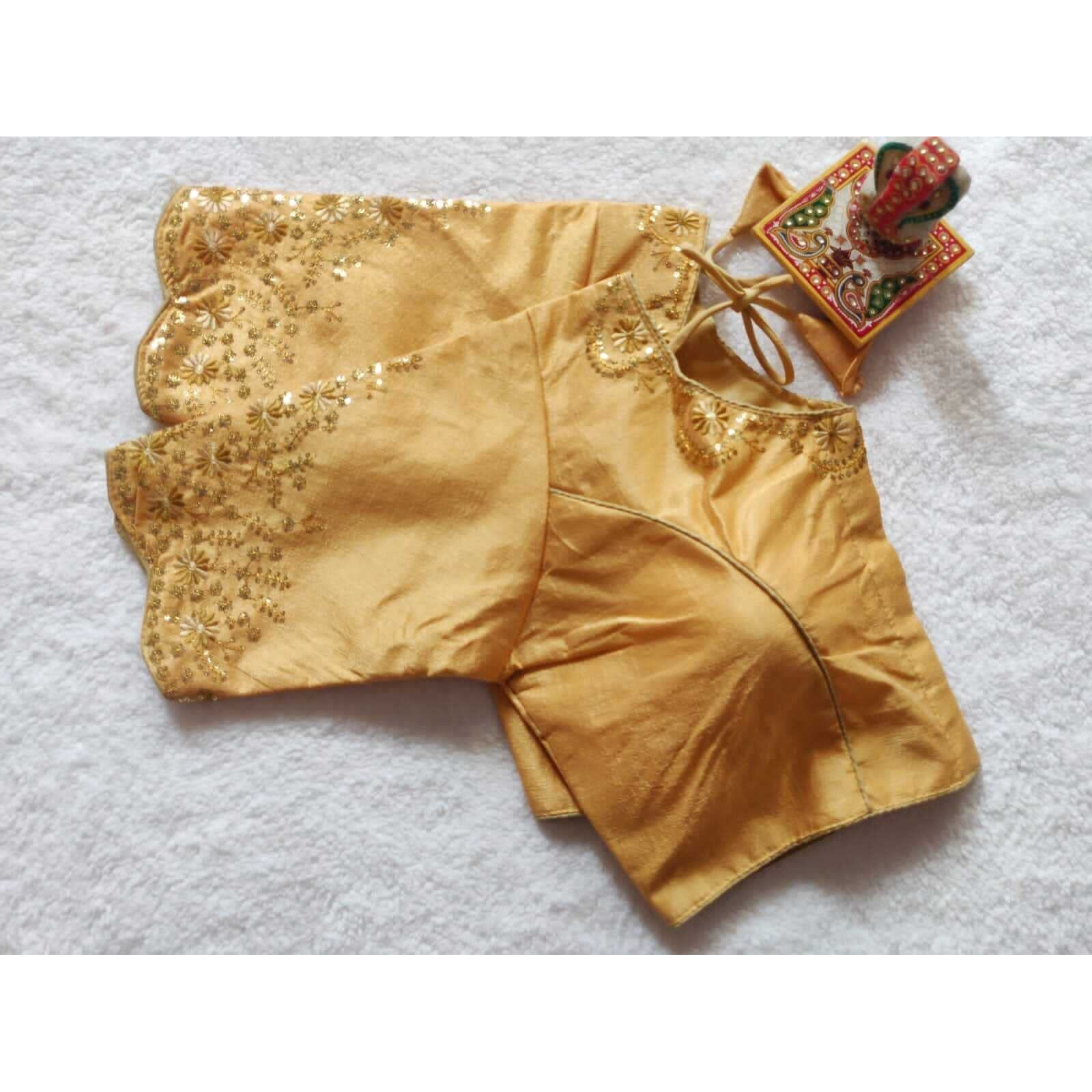 Pujia Mills Women's Silk Embroidery Sequence Work Half Sleeve Readymade Blouse (Gold, 34)