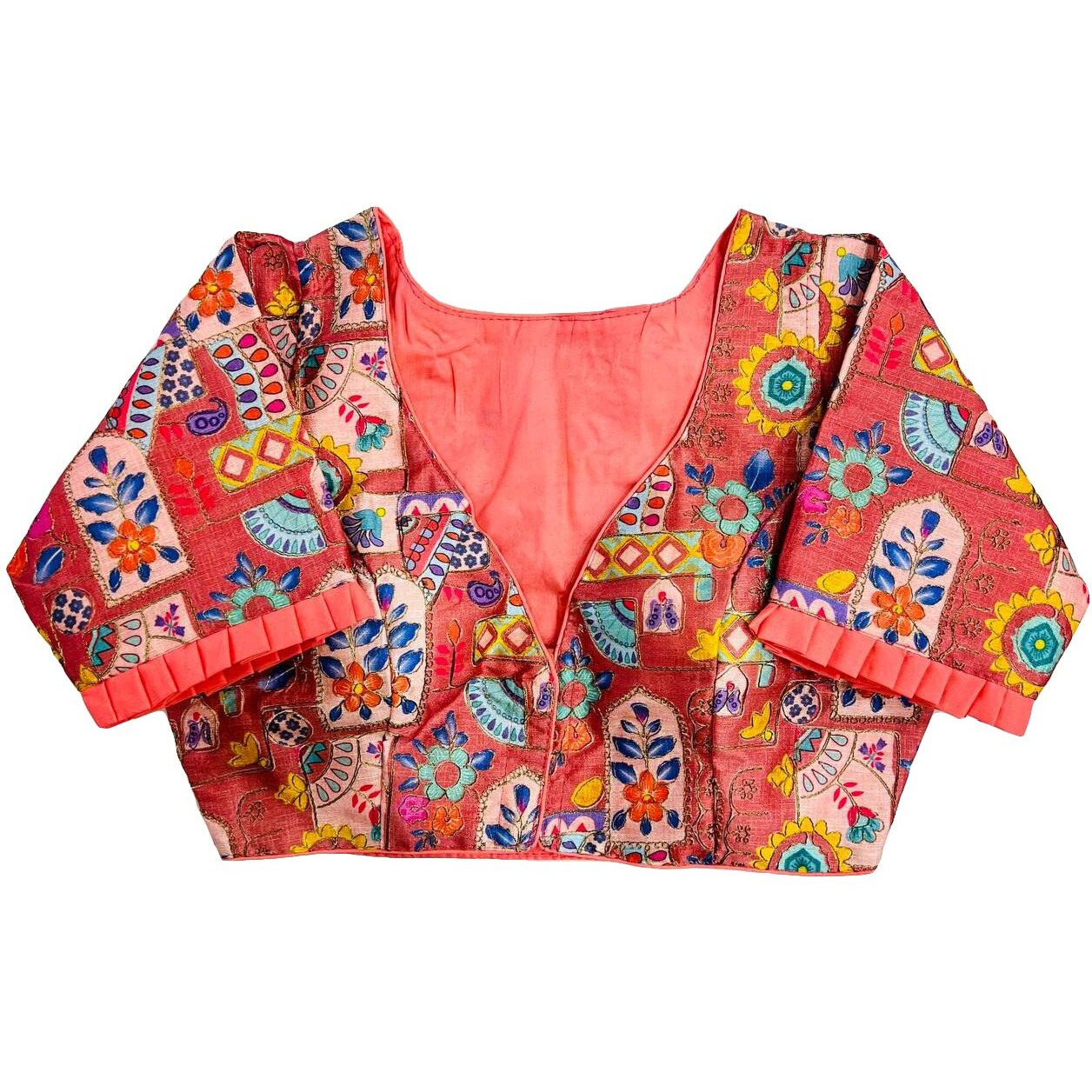 Pujia Mills Women's Heavy Phantom Silk Floral Digital Print Codding Embroidery Half Sleeve Peach Blouse(Pp Frill Peach_38)