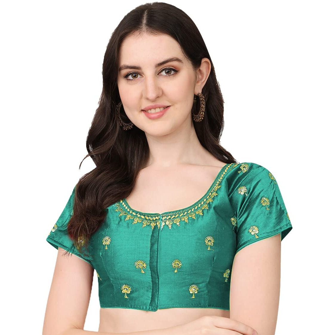 Pujia Mils Women's Silk Floral Half Sleeve Regular Blouse (Kajal 2 Rama 38)