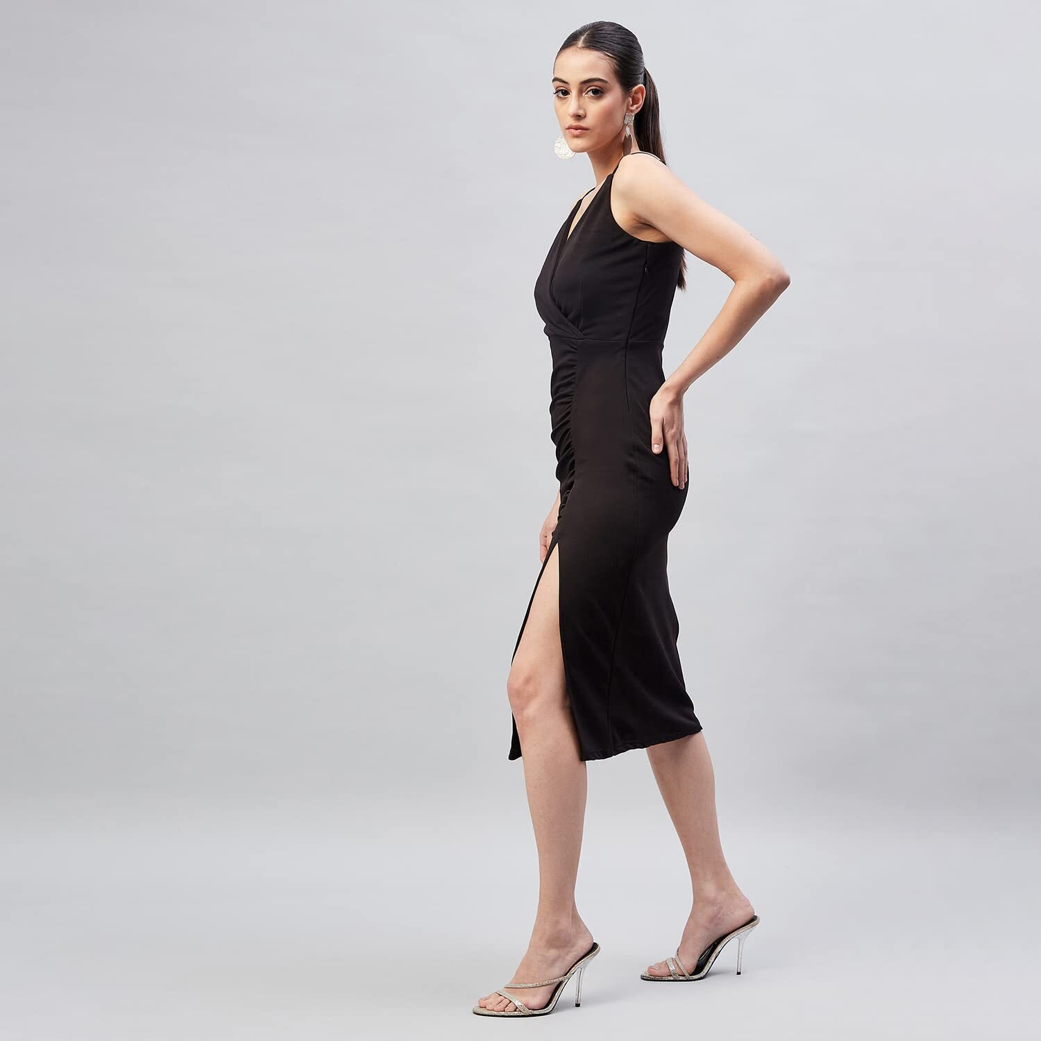 Rare Women's Spandex A-Line Midi Dress (Ep7090_Black_M)