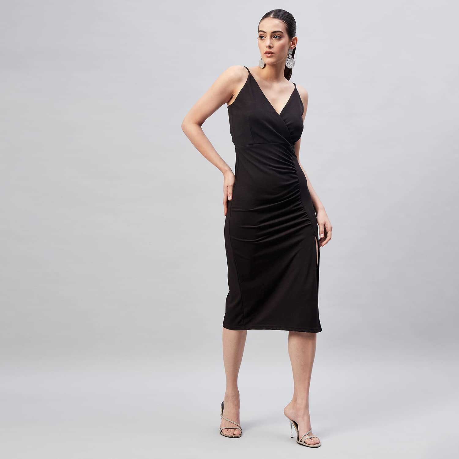 Rare Women's Spandex A-Line Midi Dress (Ep7090_Black_M)