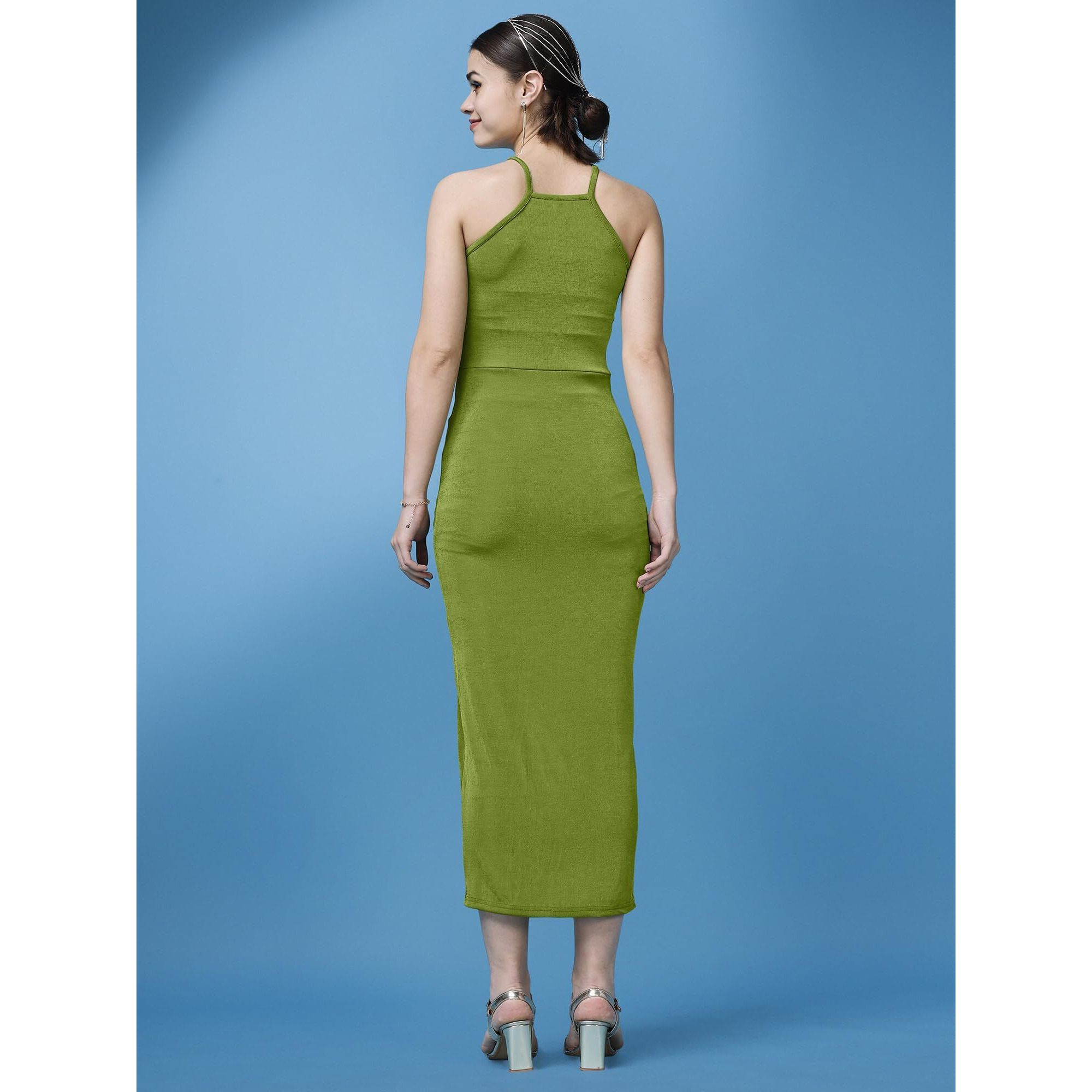 Purvaja Womens Bodycon Below Knee Length Dress (Shine-011-Olive_Green_Large)
