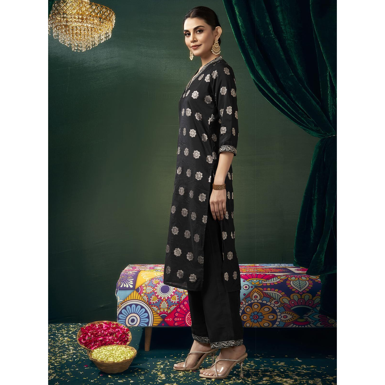 Sanisa Women's Silk Blend Jacquard And Sequins Embroidery Lace Straight Kurta With Pant And Dupatta Set (202Kbd2142N-S_Black & Golden)