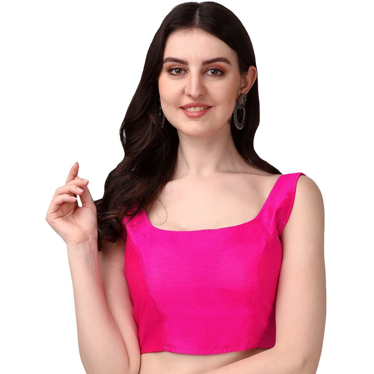 Vihu Fashion Women's Deep Neck Silk Sleeveless Readymade Blouse (Rani, 32)