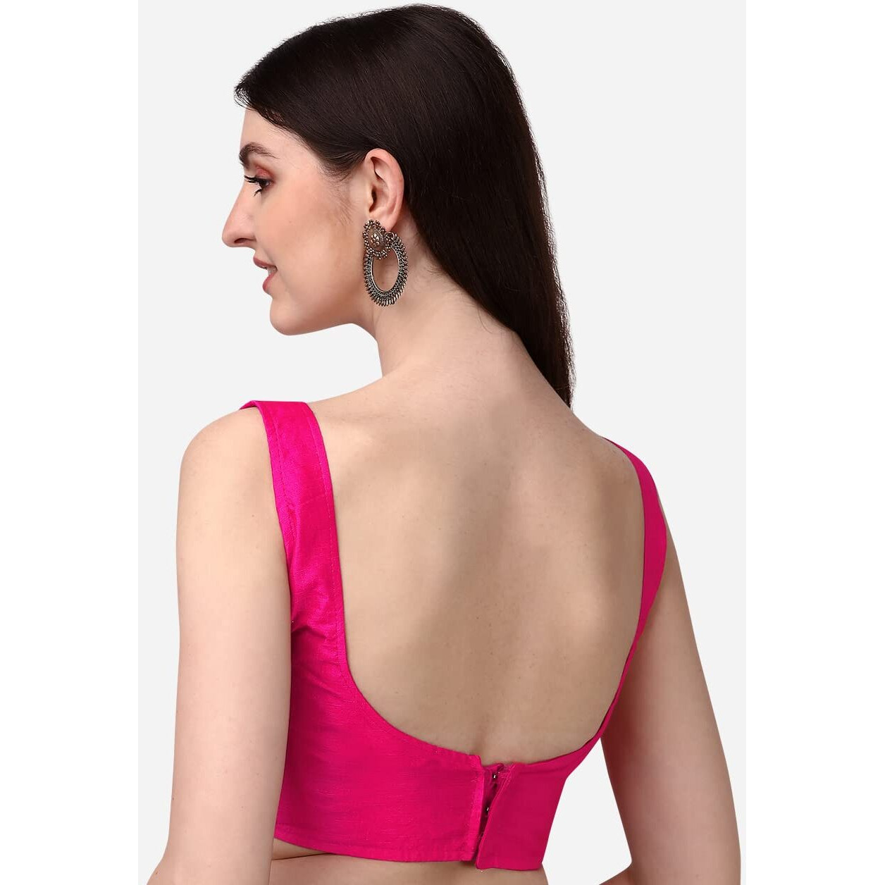 Vihu Fashion Women's Deep Neck Silk Sleeveless Readymade Blouse (Rani, 32)