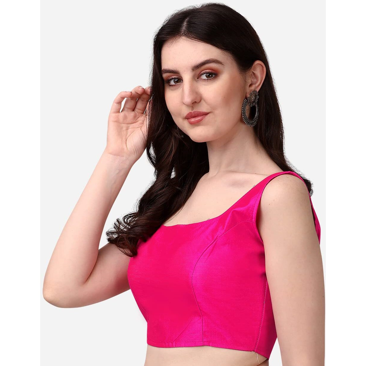 Vihu Fashion Women's Deep Neck Silk Sleeveless Readymade Blouse (Rani, 32)