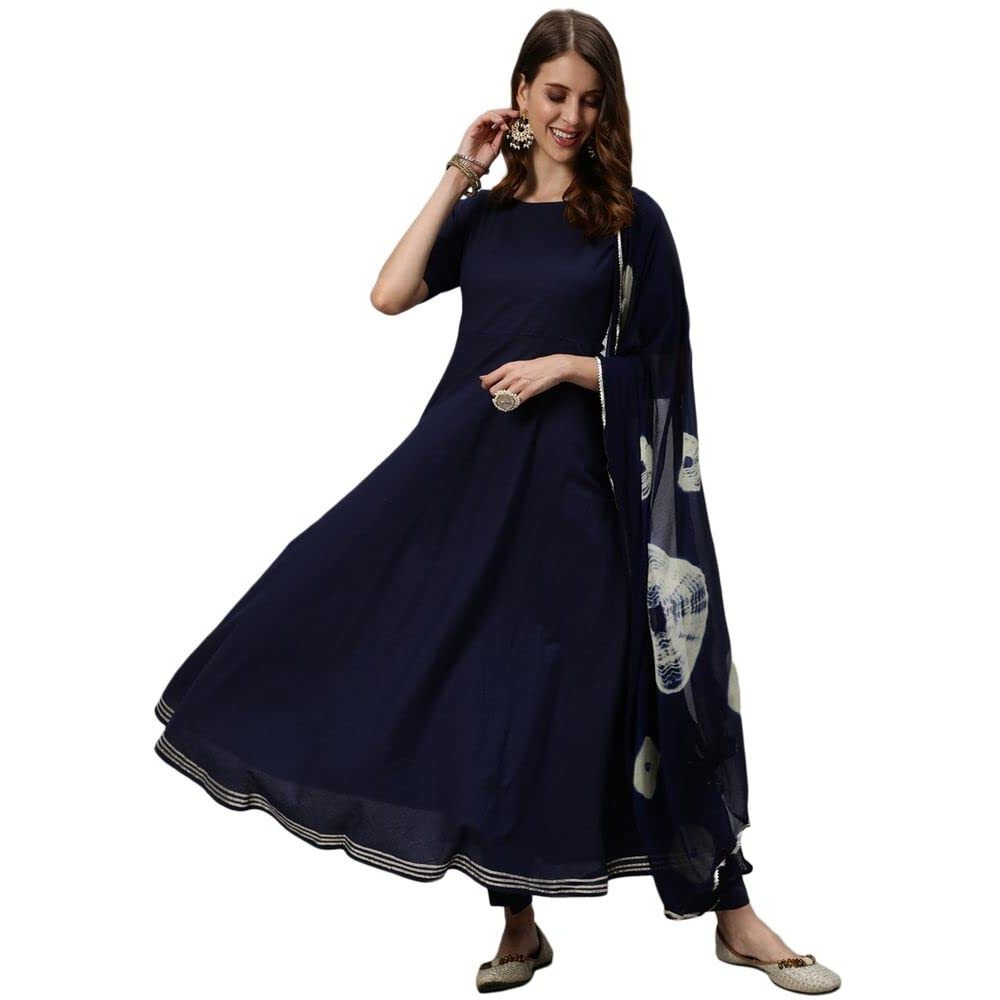 Anubhutee Women's Rayon Navy Blue Ethnic Motifs Solid Anarkali Kurta Suit Set With Pants And Dupatta