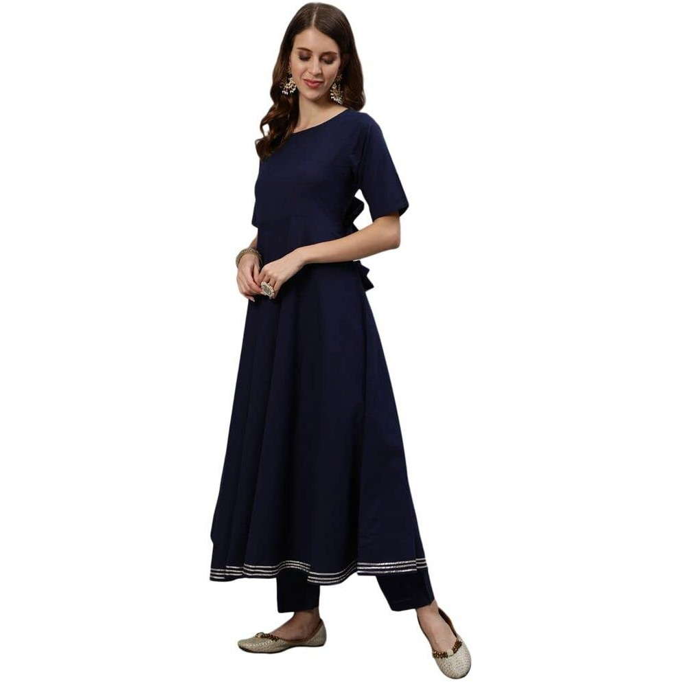 Anubhutee Women's Rayon Navy Blue Ethnic Motifs Solid Anarkali Kurta Suit Set With Pants And Dupatta