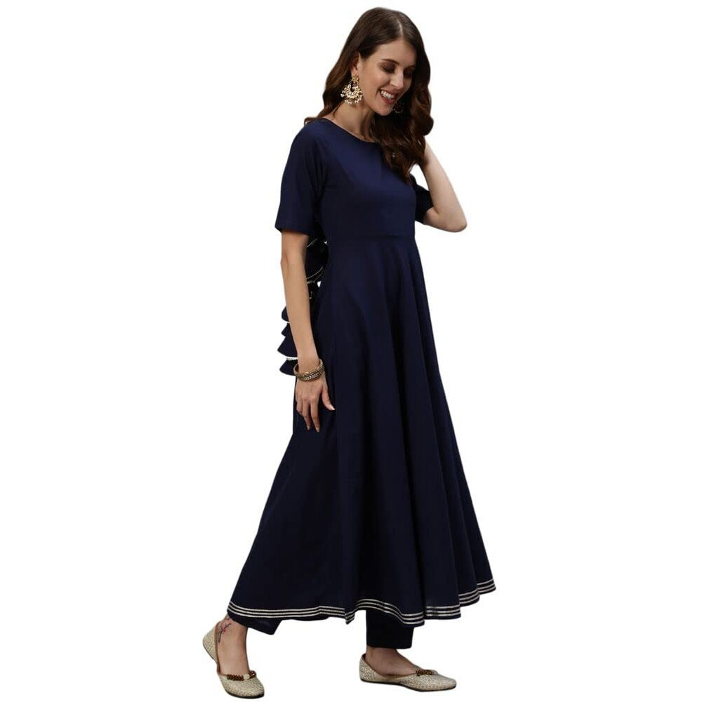 Anubhutee Women's Rayon Navy Blue Ethnic Motifs Solid Anarkali Kurta Suit Set With Pants And Dupatta