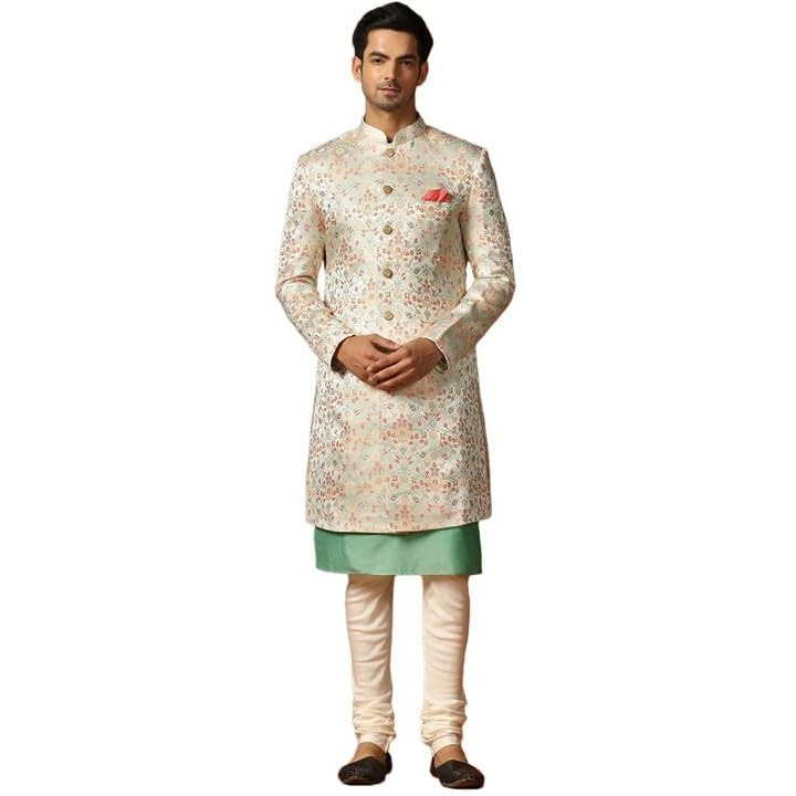 Kisah Men's Kurta Sherwani Churidar Set Indo-Western, Multi Jacquard, Woven Design Regular Fit Mandarin Collar Long Sleeves (40)