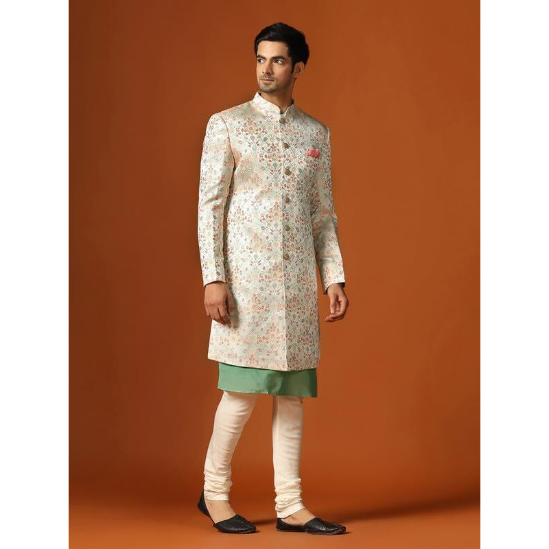Kisah Men's Kurta Sherwani Churidar Set Indo-Western, Multi Jacquard, Woven Design Regular Fit Mandarin Collar Long Sleeves (40)