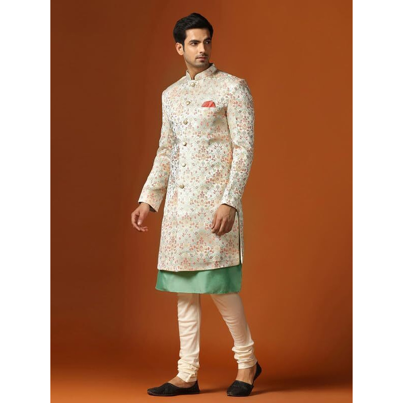 Kisah Men's Kurta Sherwani Churidar Set Indo-Western, Multi Jacquard, Woven Design Regular Fit Mandarin Collar Long Sleeves (40)