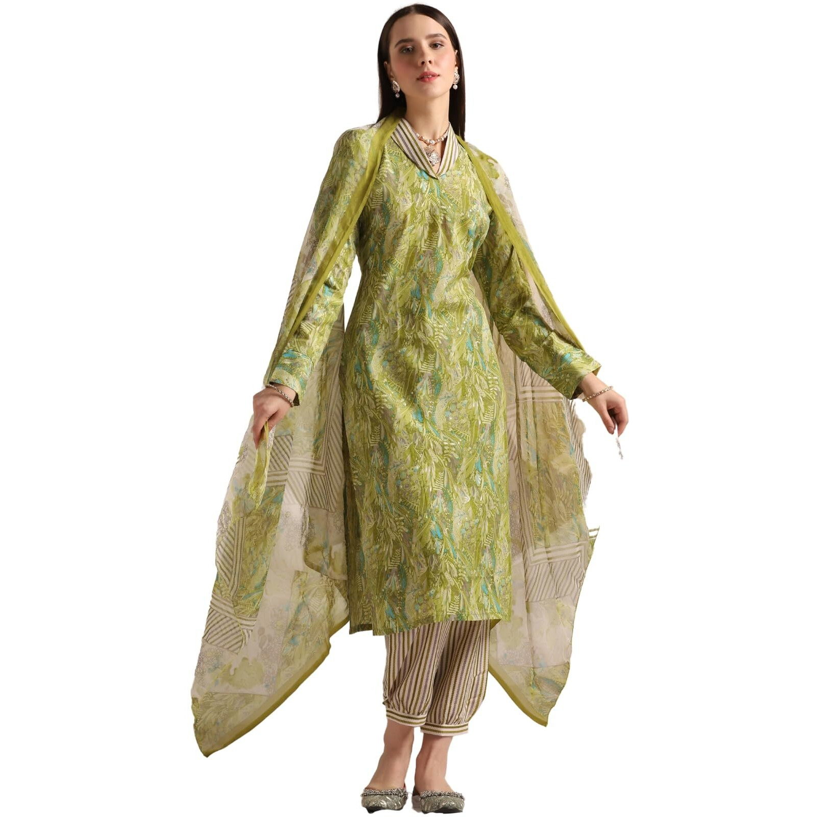 Leriya Fashion Women's Cotton Blend Multi Floral Foil Printed Ethnic Straight Shawl Collar Kurta & Patiyala Style Pant With Dupatta Set For Function Festival Office Wear Kurti Set (3X-Large, Green)