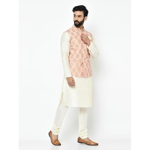 Kisah Men Golden Coloured Kurta With Churidar Jacket, Full Sleaves, Knee Length, Straight, Regular Fit, Mandarin Collar Ethnic Wear