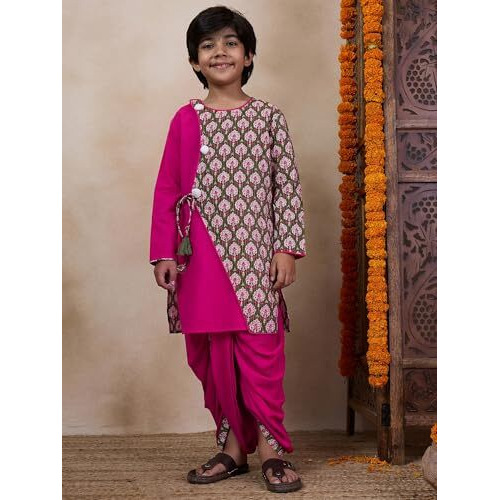 Pspeaches Boys Floral Printed Long Sleeves Straight Kurta With Dhoti Pants (8-10Years)