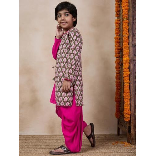 Pspeaches Boys Floral Printed Long Sleeves Straight Kurta With Dhoti Pants (8-10Years)