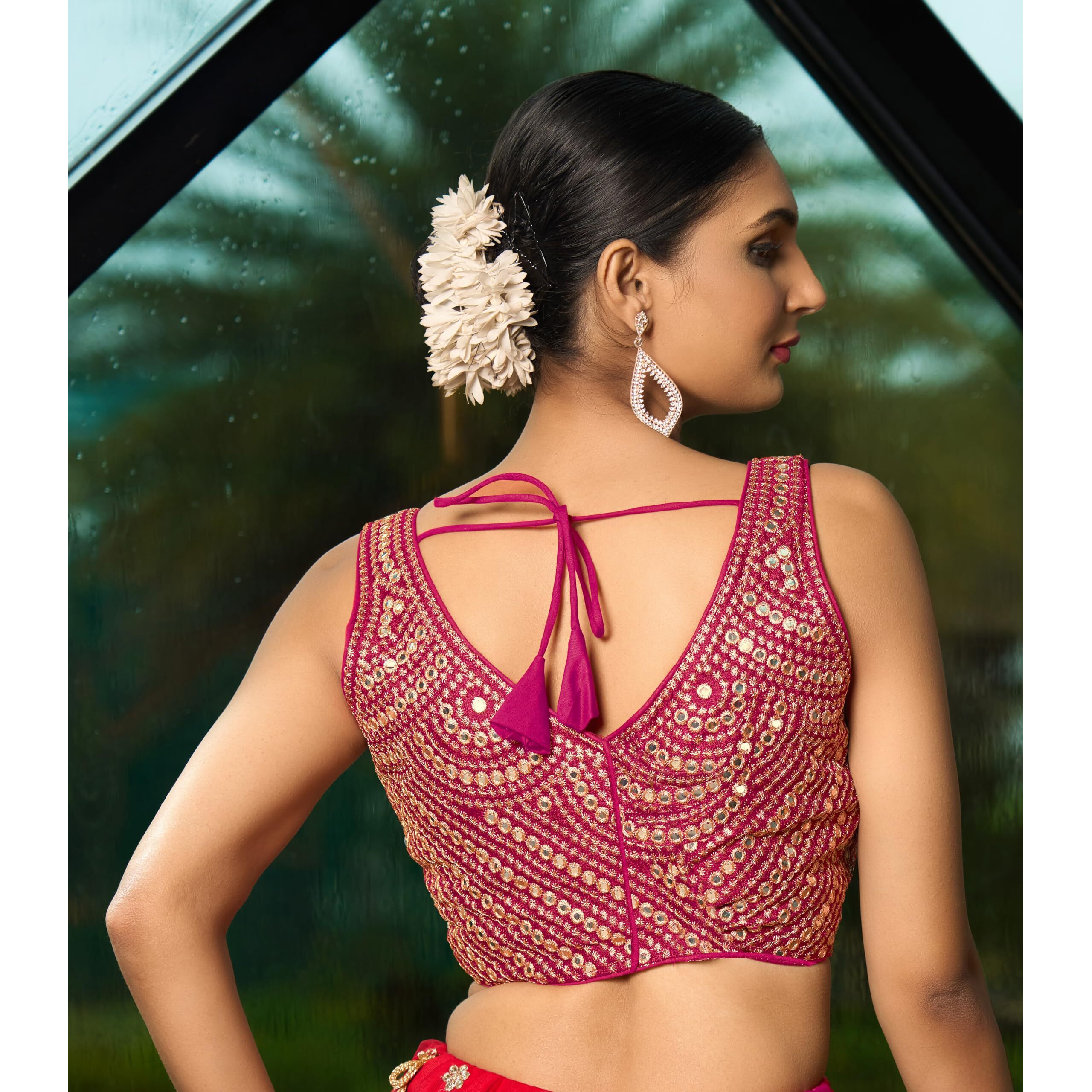 Pujia Mills Fancy Women's Foil Mirror And Thread Zari Work Sweetheart Neck Silk Sleeveless Blouse (Pc Bindi Foil Parent) (Pink, 34)