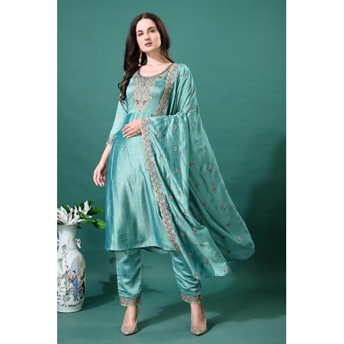 Pratham Blue Women's Silk Embroidered Straight Kurta Palazzos With Dupatta |Kurta Set For Women |Women Kurta |Women Embroidered Kurta Sets Kurtis (Bkp-1032-Xl_Green)
