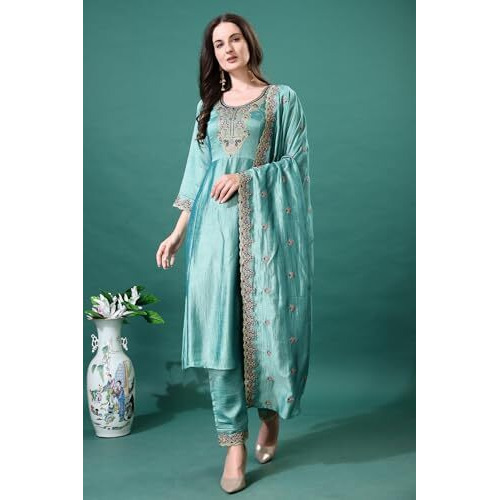 Pratham Blue Women's Silk Embroidered Straight Kurta Palazzos With Dupatta |Kurta Set For Women |Women Kurta |Women Embroidered Kurta Sets Kurtis (Bkp-1032-Xl_Green)