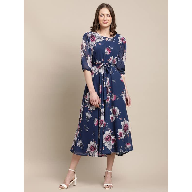 Preneum Women's Maxi Fit & Flare Latest Style Print Georgette Regular Sleeves Casual Summer Maxi Dress || Festival & Occasion, Light Blue, L