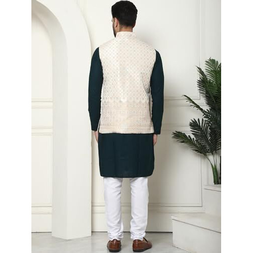 Sojanya (Since 1958 Men's Pure Cotton Brown Kurta And White Pyjama With Cream Nehru Jacket