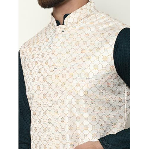 Sojanya (Since 1958 Men's Pure Cotton Brown Kurta And White Pyjama With Cream Nehru Jacket