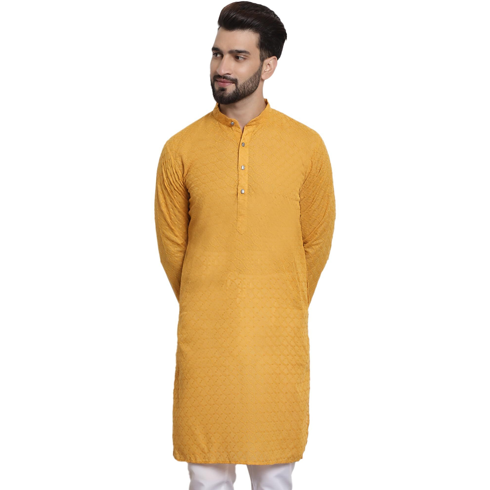 Sojanya (Since 1958 Men's Cotton Mustard Kurta With All Over Embroidery