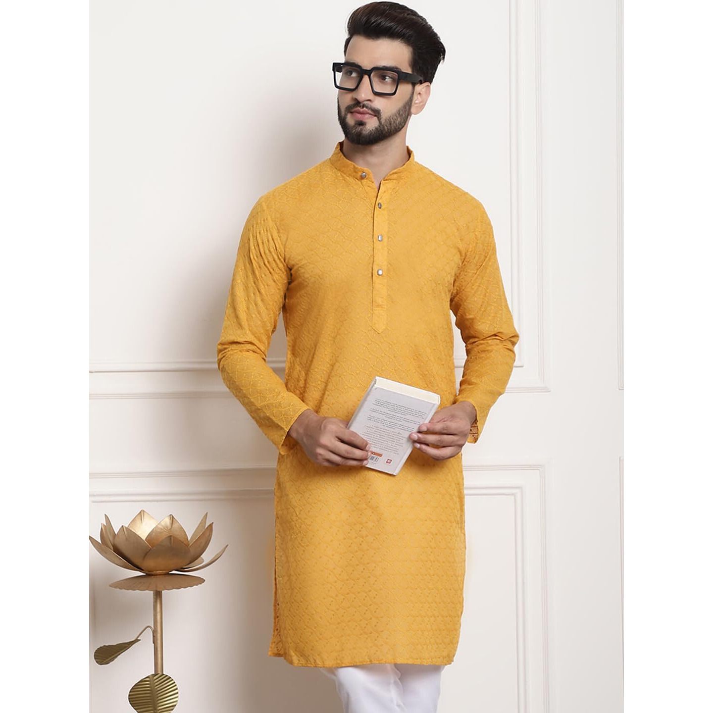 Sojanya (Since 1958 Men's Cotton Mustard Kurta With All Over Embroidery