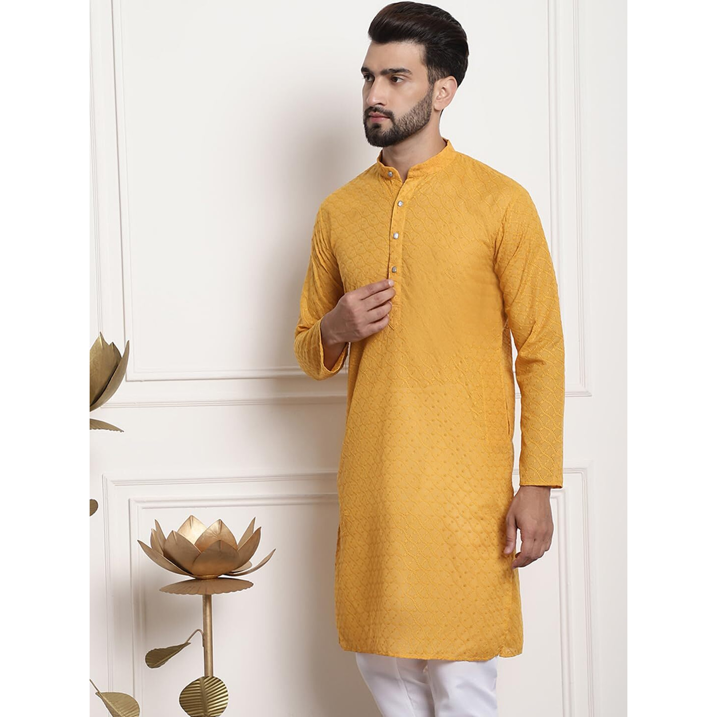 Sojanya (Since 1958 Men's Cotton Mustard Kurta With All Over Embroidery