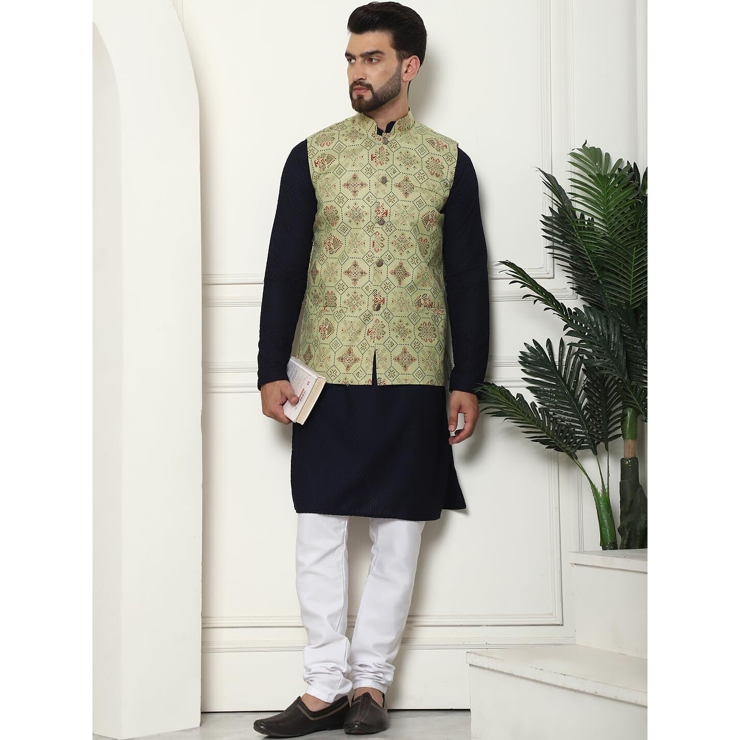 Sojanya (Since 1958 Men's Pure Cotton Navy Kurta And White Pyjama With Printed Pista Green Nehru Jacket