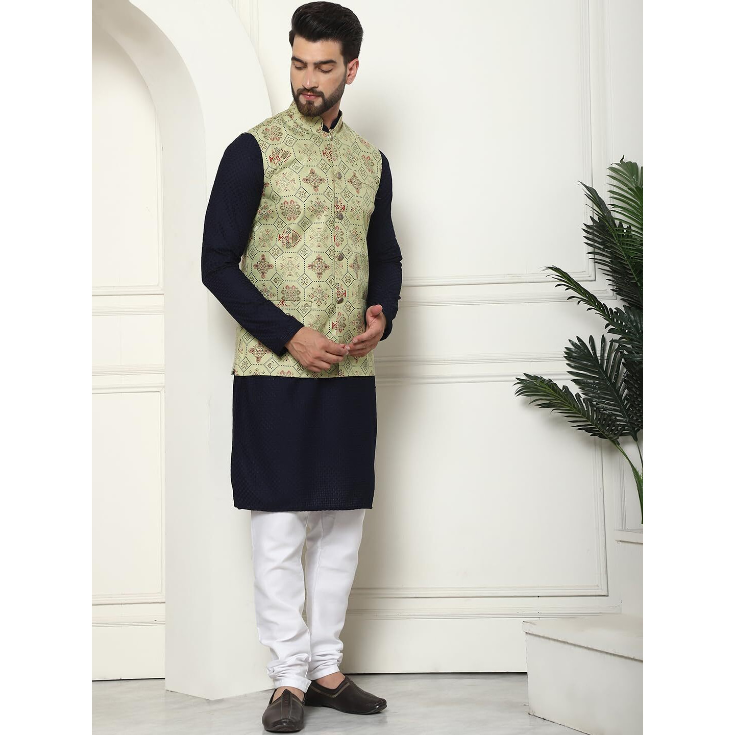 Sojanya (Since 1958 Men's Pure Cotton Navy Kurta And White Pyjama With Printed Pista Green Nehru Jacket