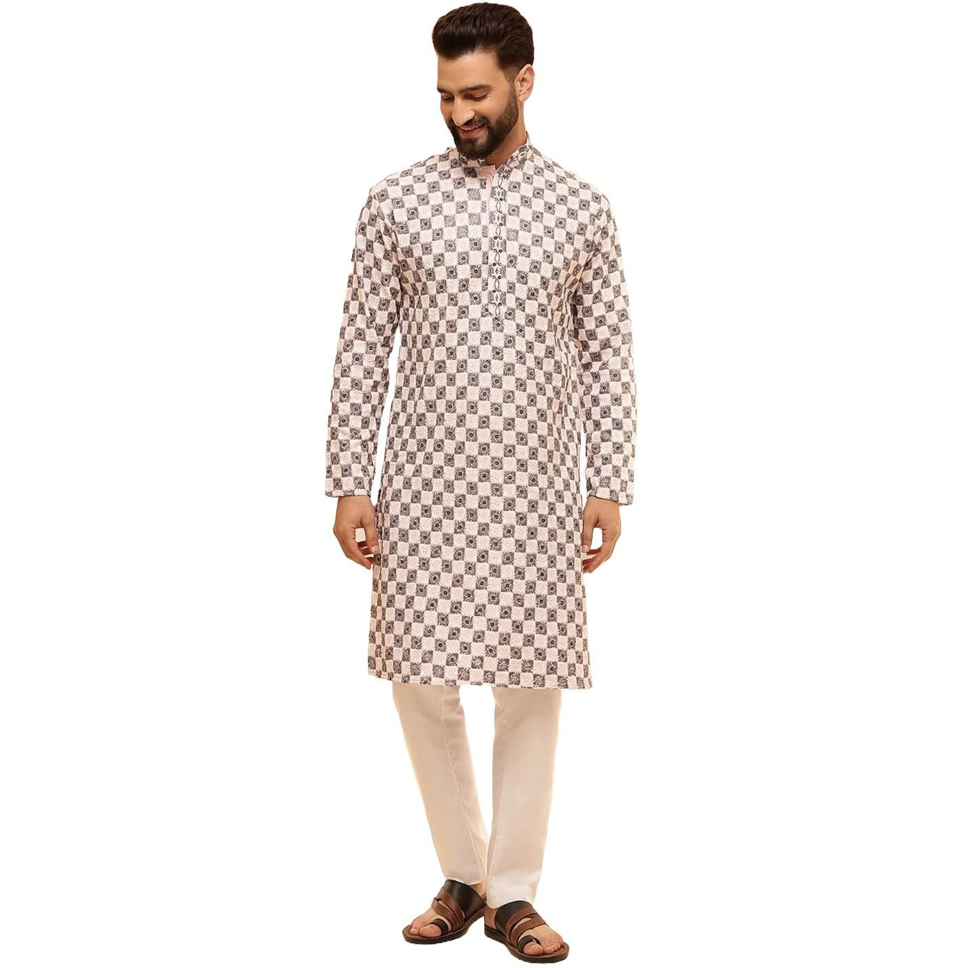 Sojanya (Since 1958 Men's Cotton Rayon Embroidered Sequinned Pink Kurta With White Pyjama