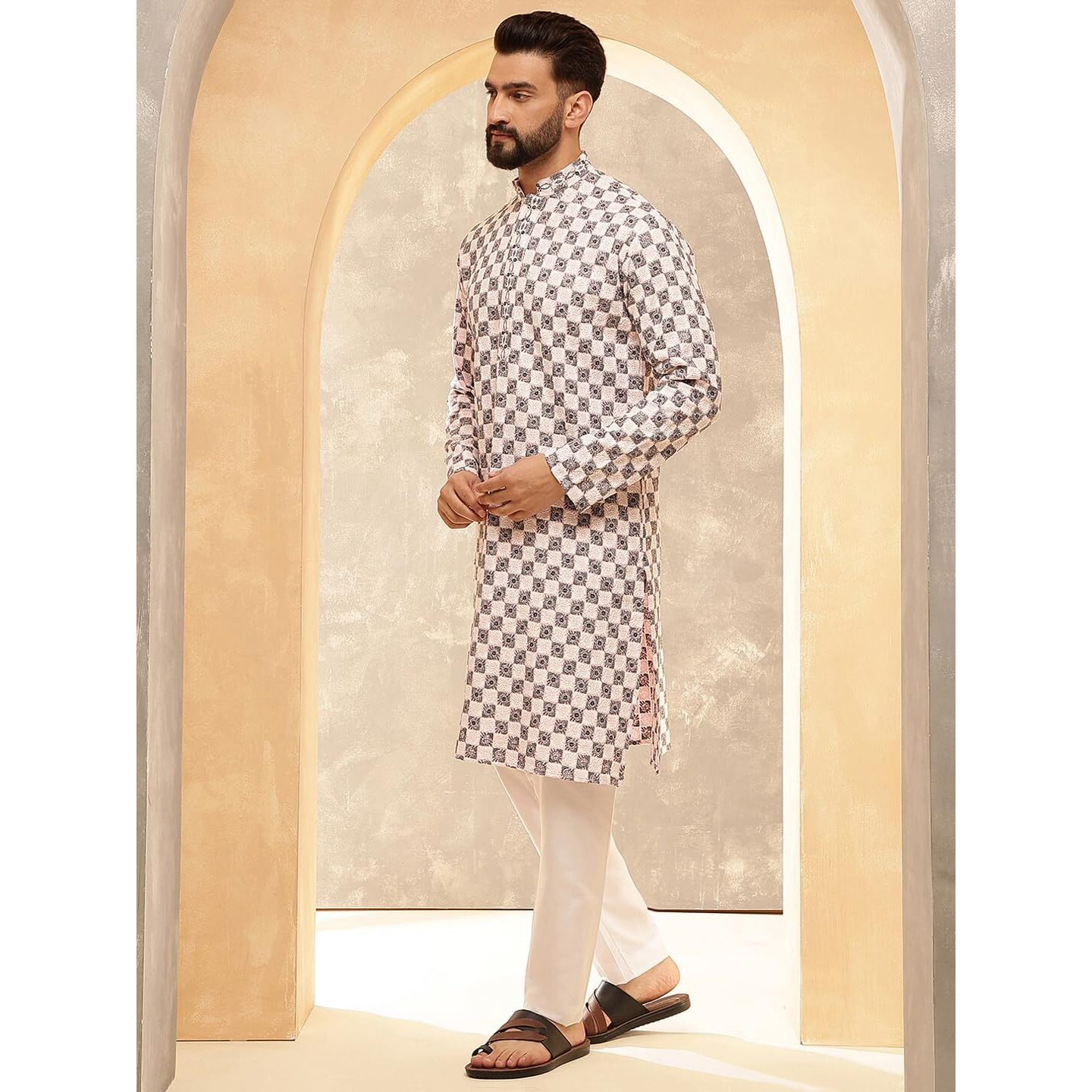 Sojanya (Since 1958 Men's Cotton Rayon Embroidered Sequinned Pink Kurta With White Pyjama