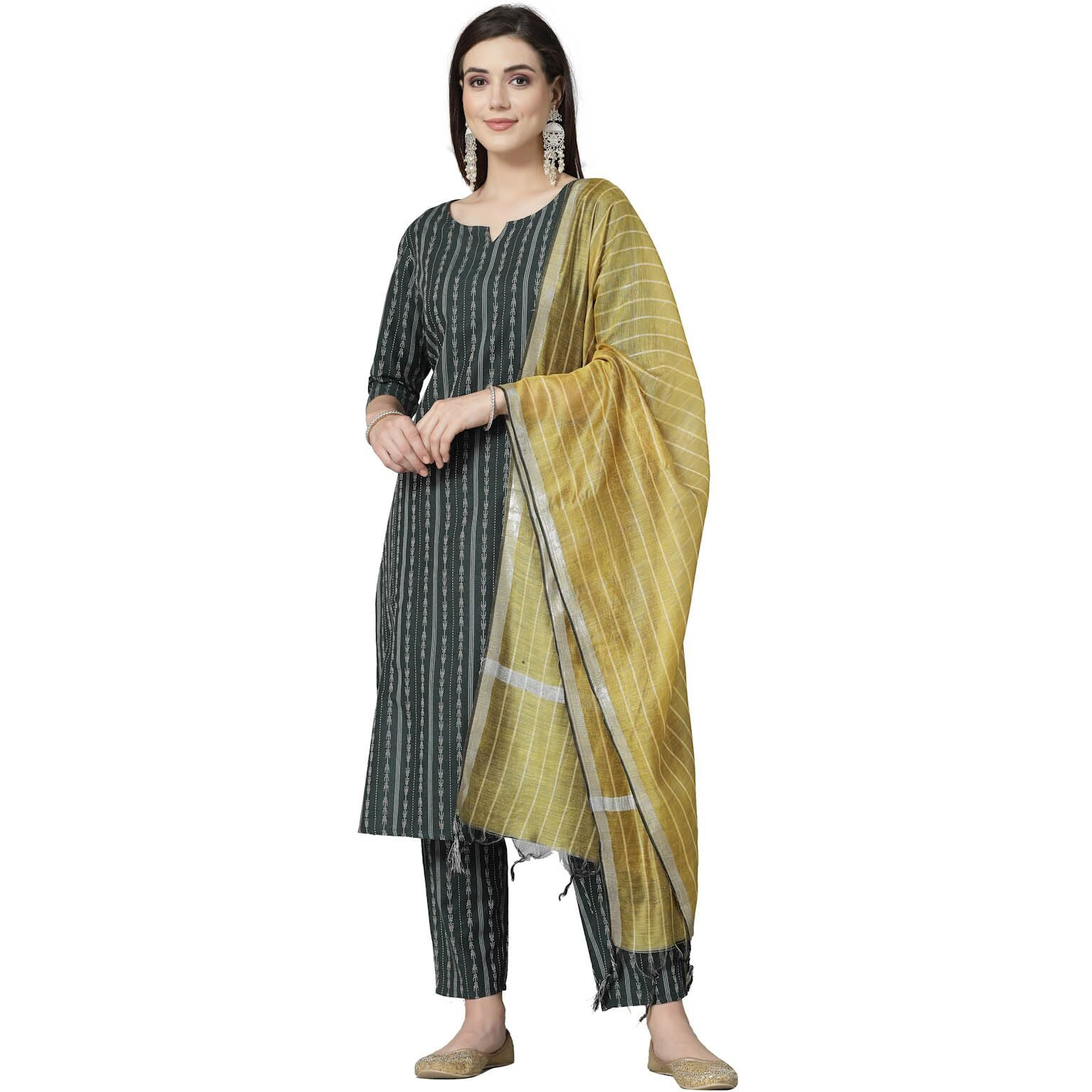 Stylum Women's Woven Design Cotton Blend Straight Kurta Pant Dupatta Set (Kpdrabbitgreen34_Dark Green, Xs)
