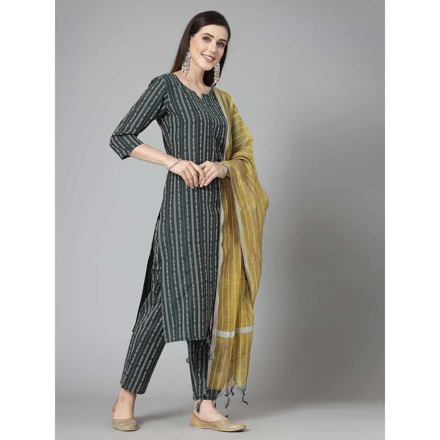 Stylum Women's Woven Design Cotton Blend Straight Kurta Pant Dupatta Set (Kpdrabbitgreen34_Dark Green, Xs)
