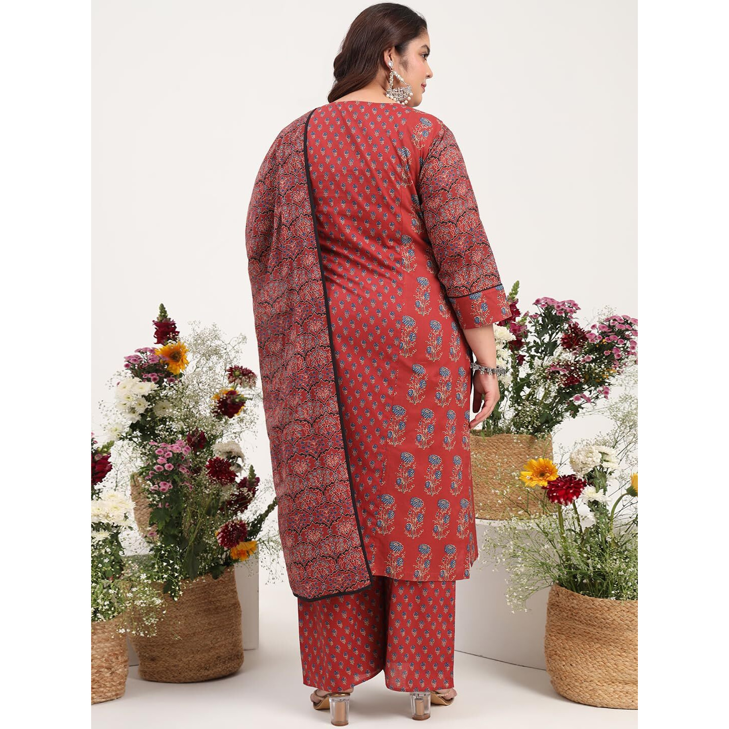 Tissu Women's Plus Size Pure Cotton Maroon Printed Kurta & Palazzo With Dupatta (739_Maroon_6Xl)