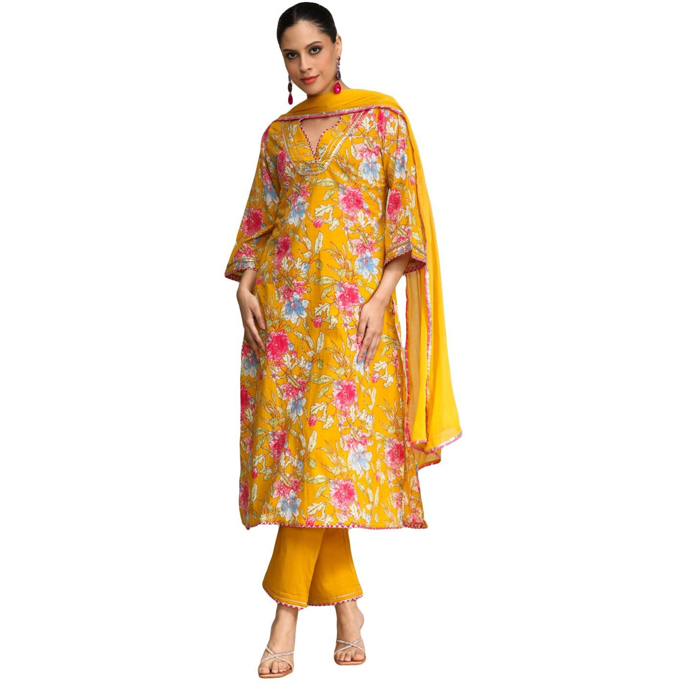 Varanga Floral Printed Boho Look Flared Sleeve Kurta With Trouser & Dupatta