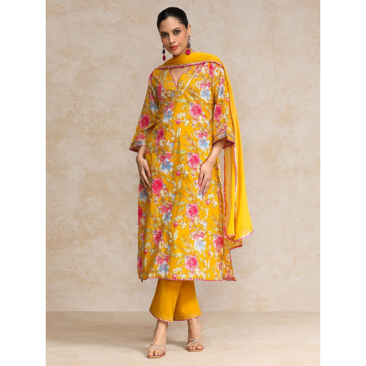 Varanga Floral Printed Boho Look Flared Sleeve Kurta With Trouser & Dupatta