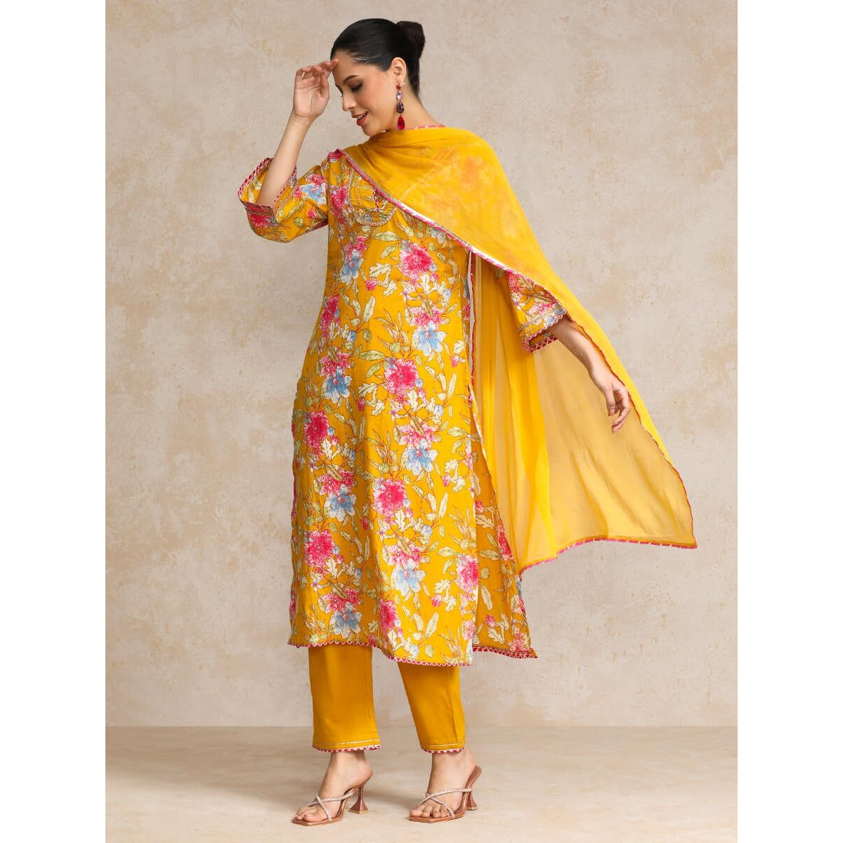 Varanga Floral Printed Boho Look Flared Sleeve Kurta With Trouser & Dupatta