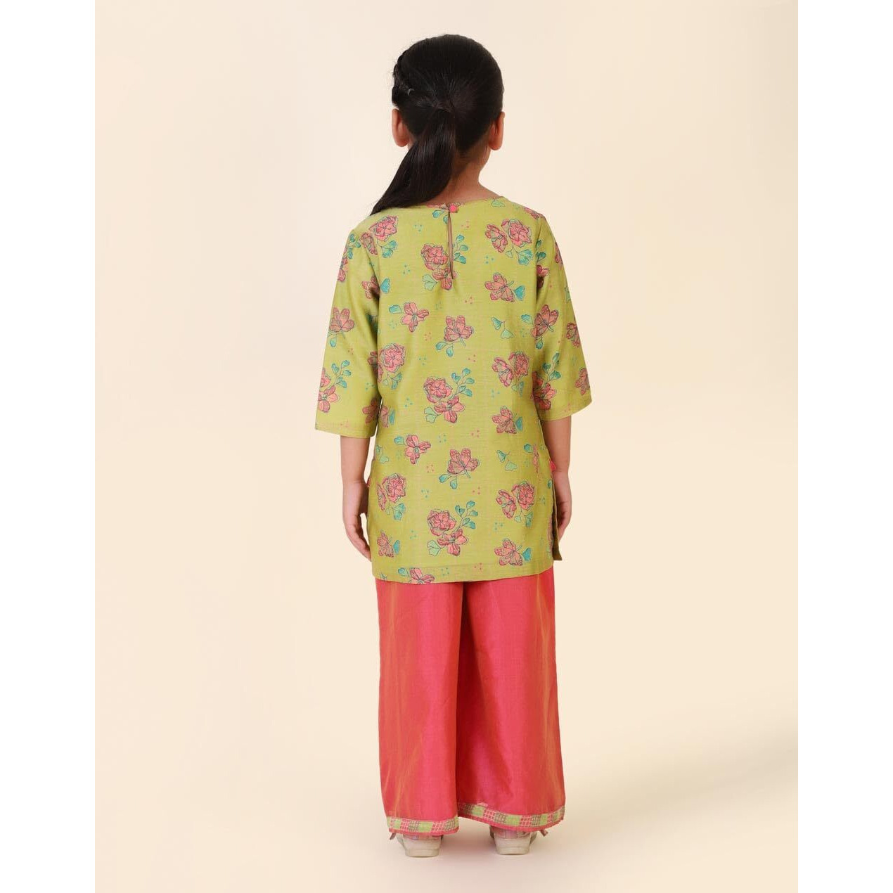 Fabindia Girl's Cotton Silk Printed Regular Kurta Set (1036697Lime_Lime
