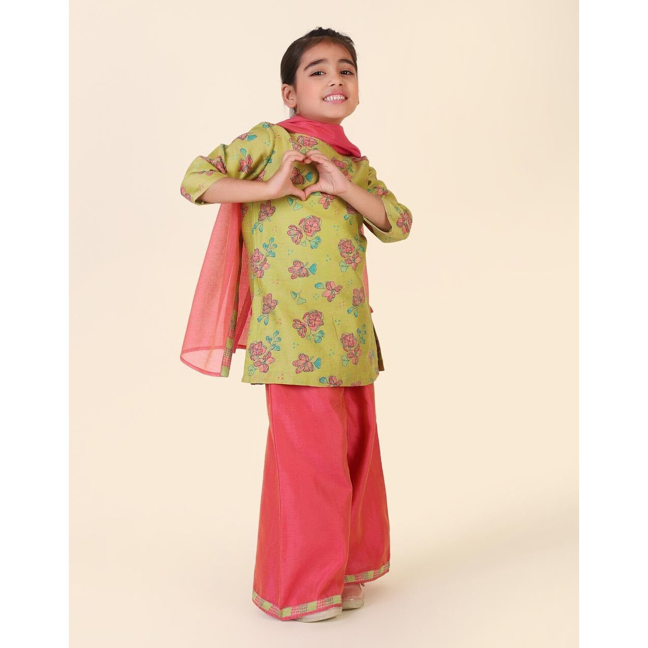 Fabindia Girl's Cotton Silk Printed Regular Kurta Set (1036697Lime_Lime
